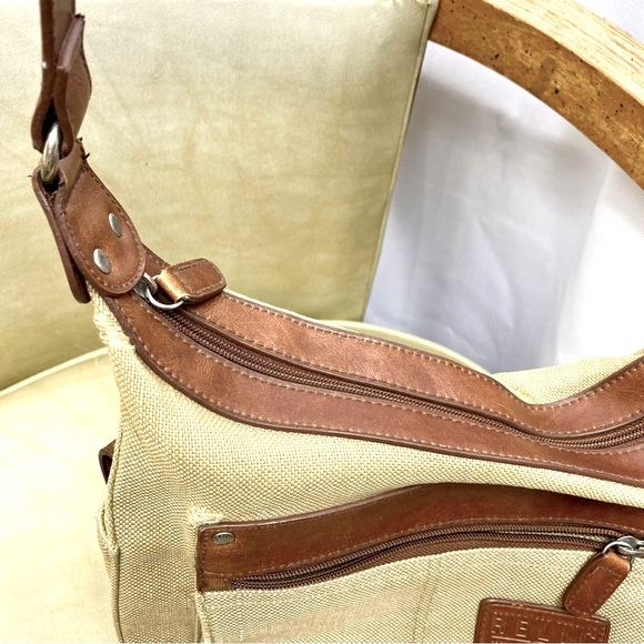 Relic By Fossil Tan Burlap Brown Leather Shoulder Bag Purse Canvas Handbag Tote - Picture 5 of 15